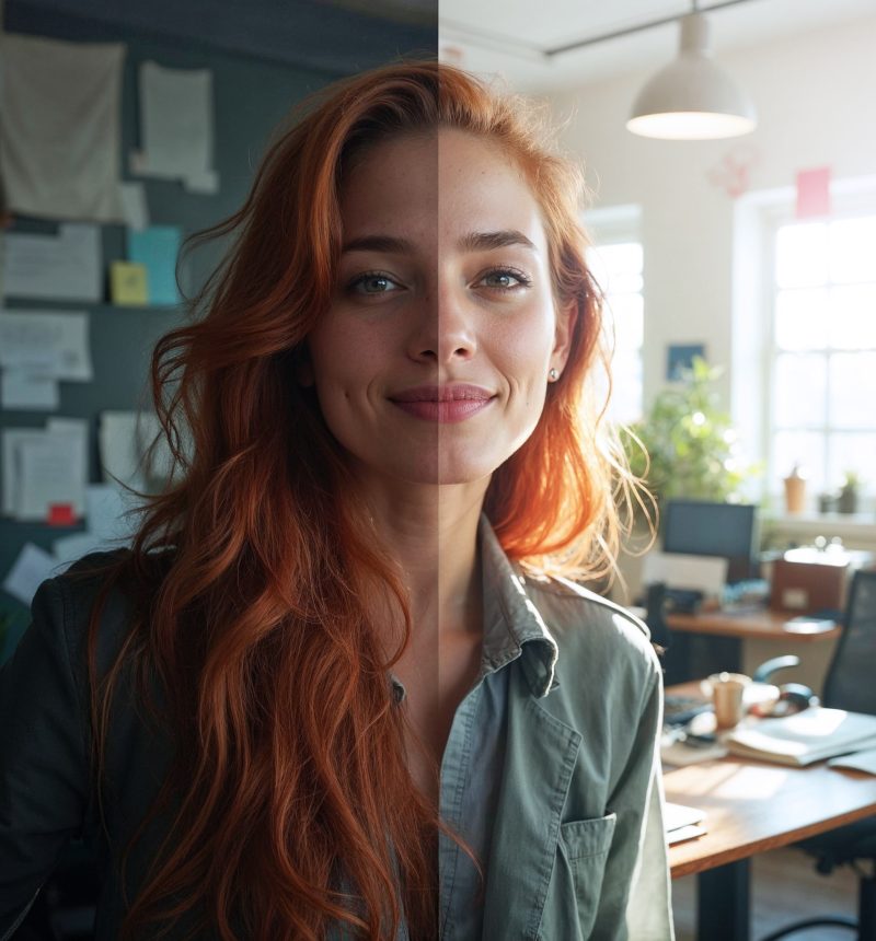 pikaso_texttoimage_A-splitscreen-image-of-a-young-woman-with-red-hair